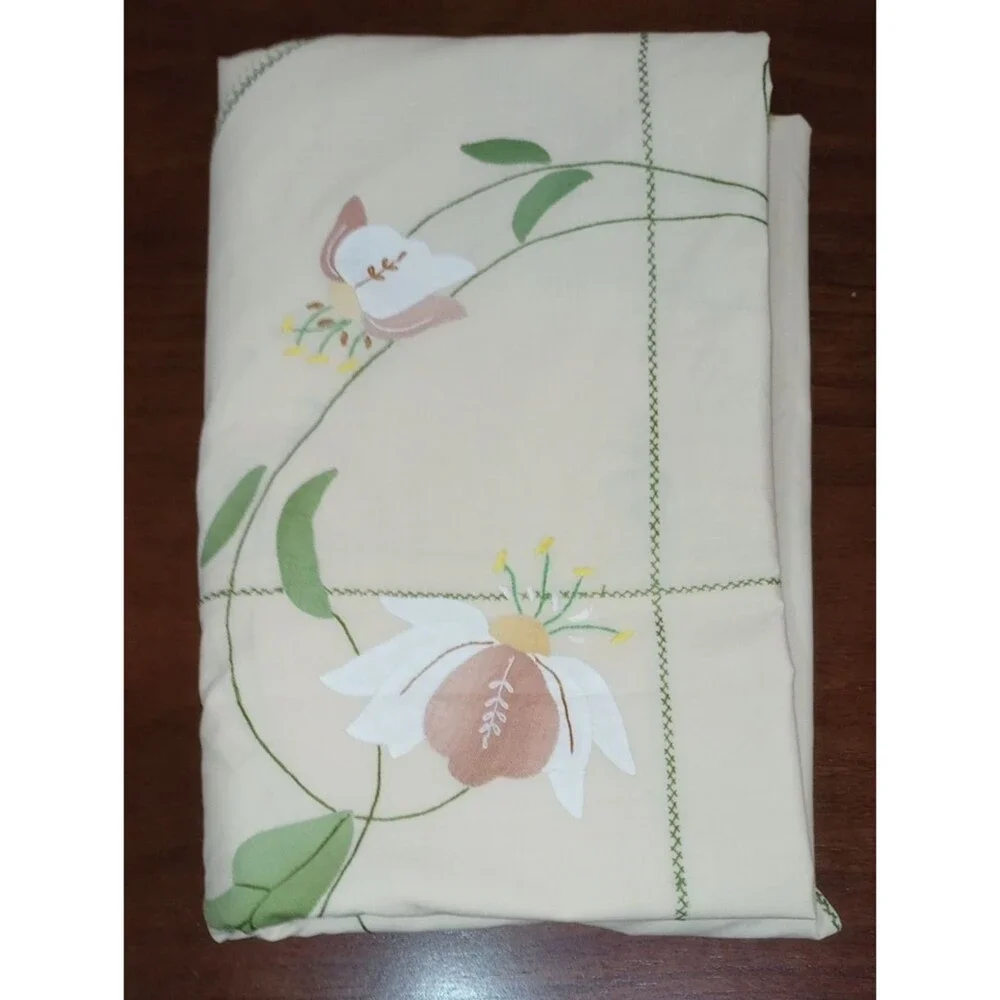 Floral Applique and Embroidered Beige Round Tablecloth, 68